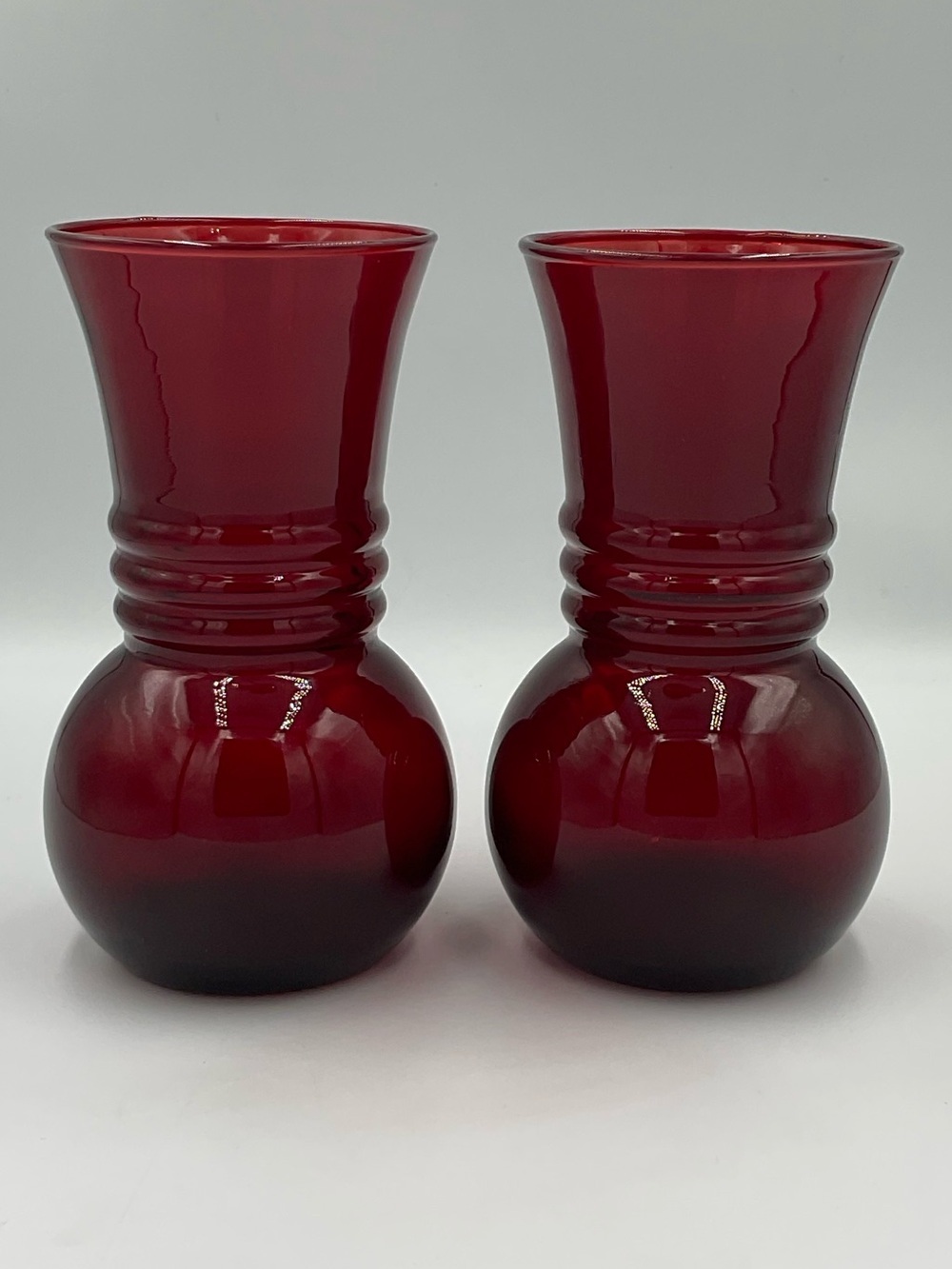 Vintage Anchor Hocking Royal Ruby Red Optic Swirl Ball Vases Set of 2